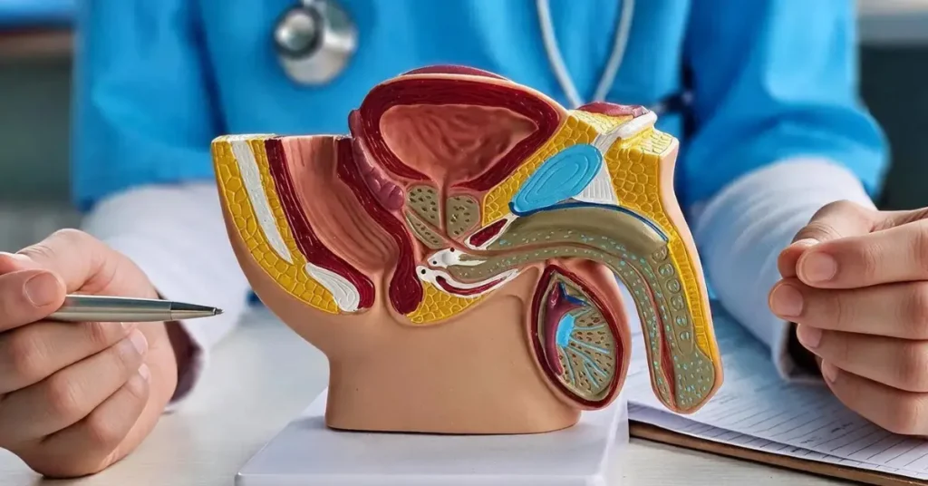 Doctor pointing to a prostate anatomy model while explaining prostate health during a patient consultation