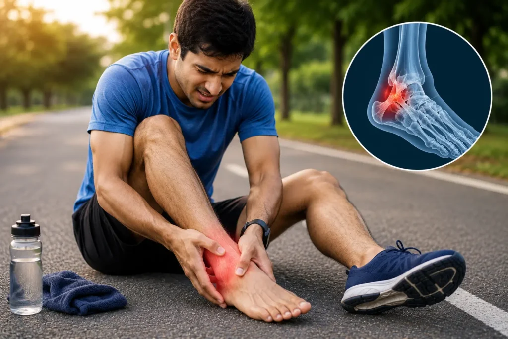 Runner with ankle injury and ankle joint X-ray illustration