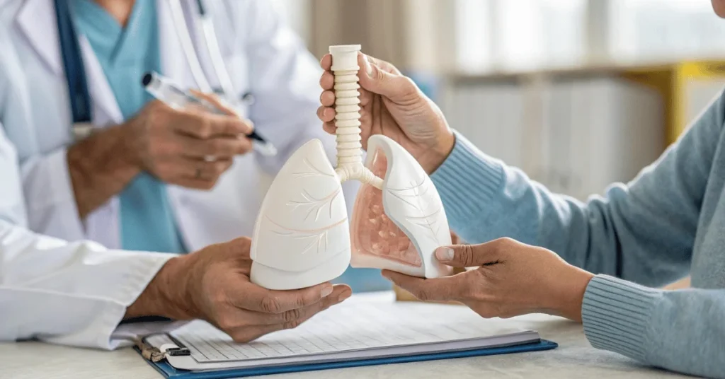 Allergy and asthma specialist advising a patient on inhaler use at EPIC Hospital Ahmedabad