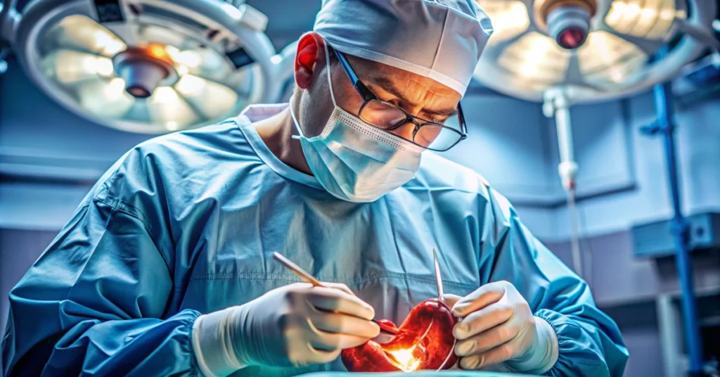 Cardiac surgeon performing heart valve surgery under operating room lights at EPIC Multispecialty Hospital, Ahmedabad