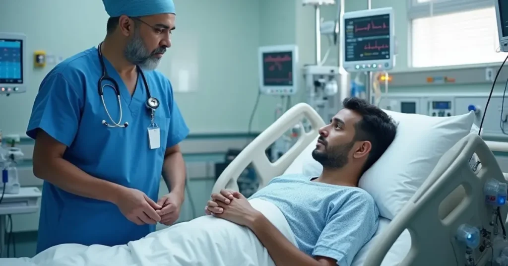 Doctor attending to patient in ICU at EPIC Multispecialty Hospital