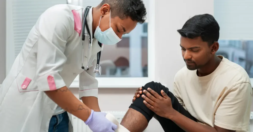 Doctor examining patient's knee at orthopaedic clinic, EPIC Multispecialty Hospital