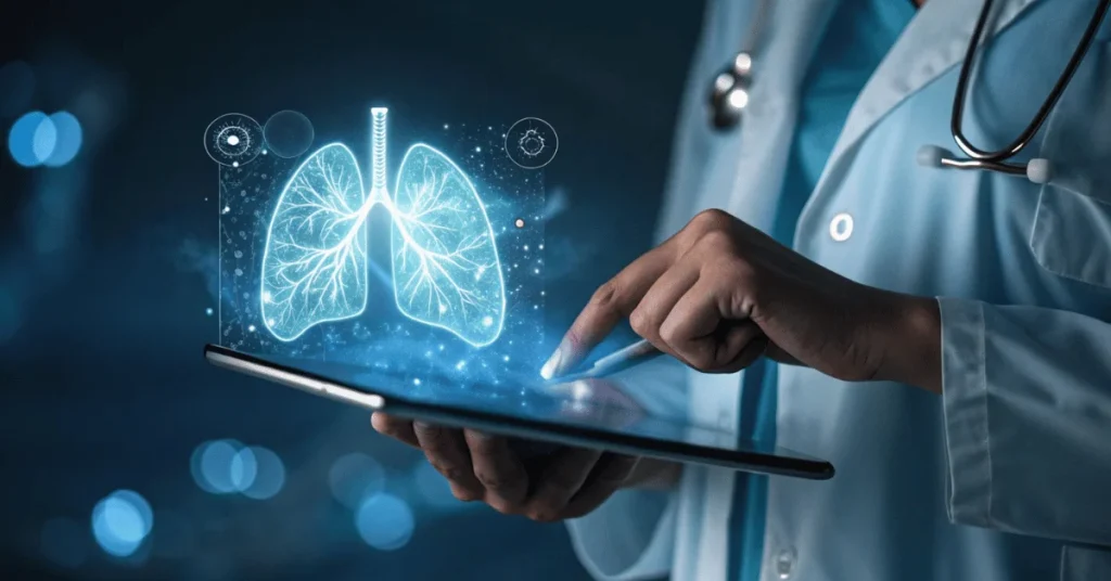 Lung specialist reviewing a chest scan with a patient at EPIC Hospital Ahmedabad