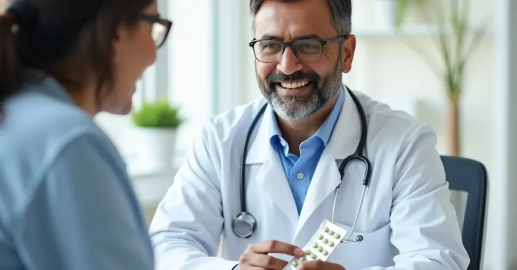 Cardiologist explaining blister pack medication to patient during stent aftercare consultation