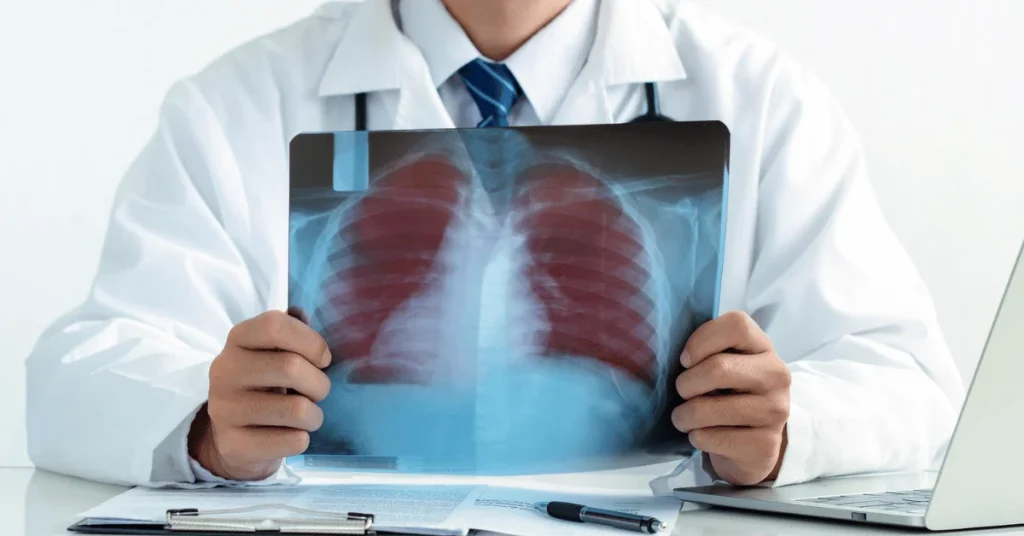 Chest physician listening to a patient's chest at EPIC Hospital Ahmedabad